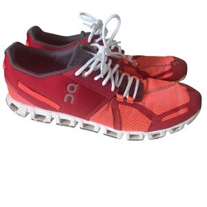 On Running Red and Gray Athletic Shoes